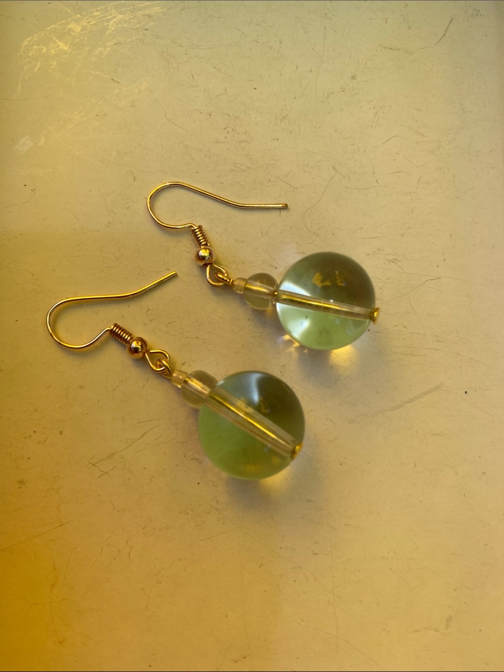 Good Vibes Only Gold Hook Green Glass Orb Drop Earrings